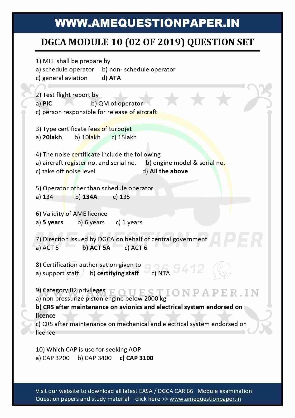 DGCA AME MODULE 10 CAR PREVIOUS QUESTION PAPER
