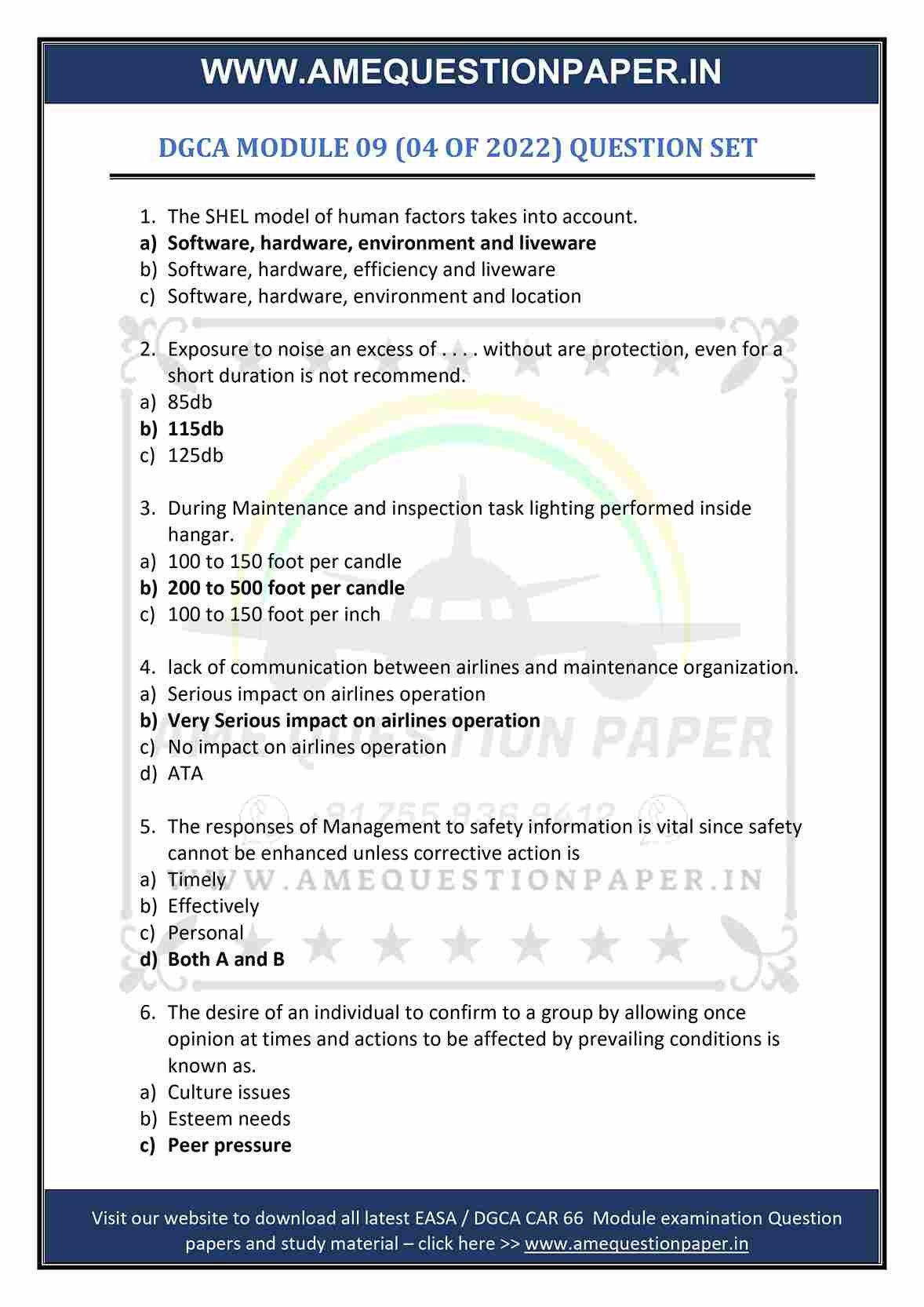 DGCA AME MODULE 9 HUMAN FACTOR PREVIOUS QUESTION PAPER